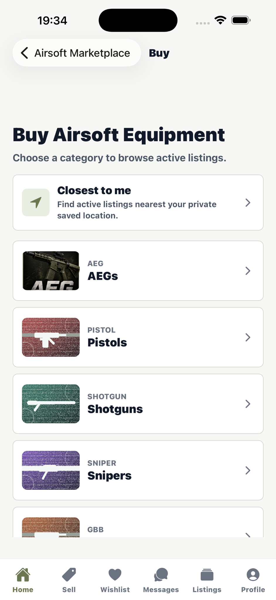 Browse active airsoft listings by category in the app.