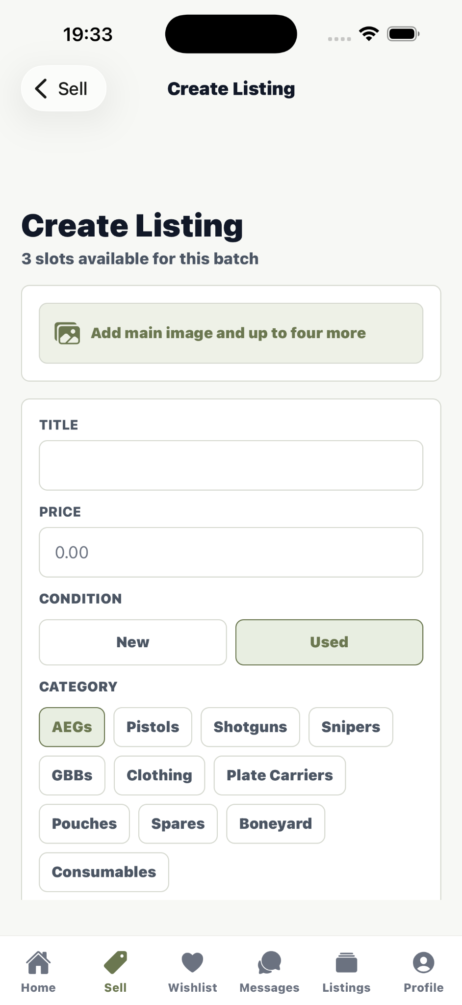 Create a new airsoft listing with photos, price, condition, and category.