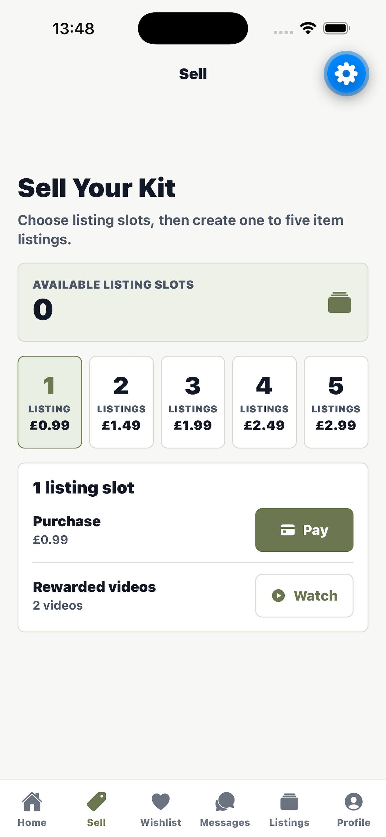 Airsoft Marketplace app home screen showing buy, sell, latest listings, and listing cards.